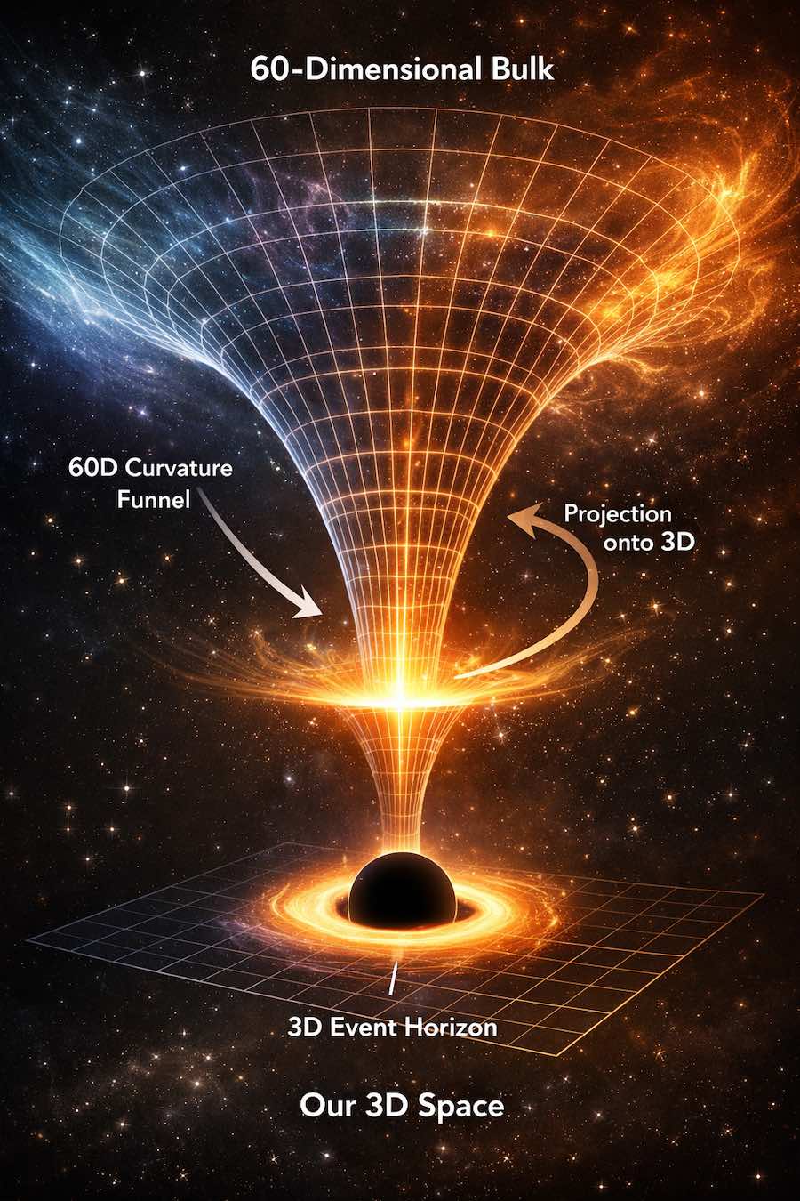 visual representation of the curvature funnel, showing how a deep sixty‑dimensional structure projects into our three‑dimensional manifold as a black hole