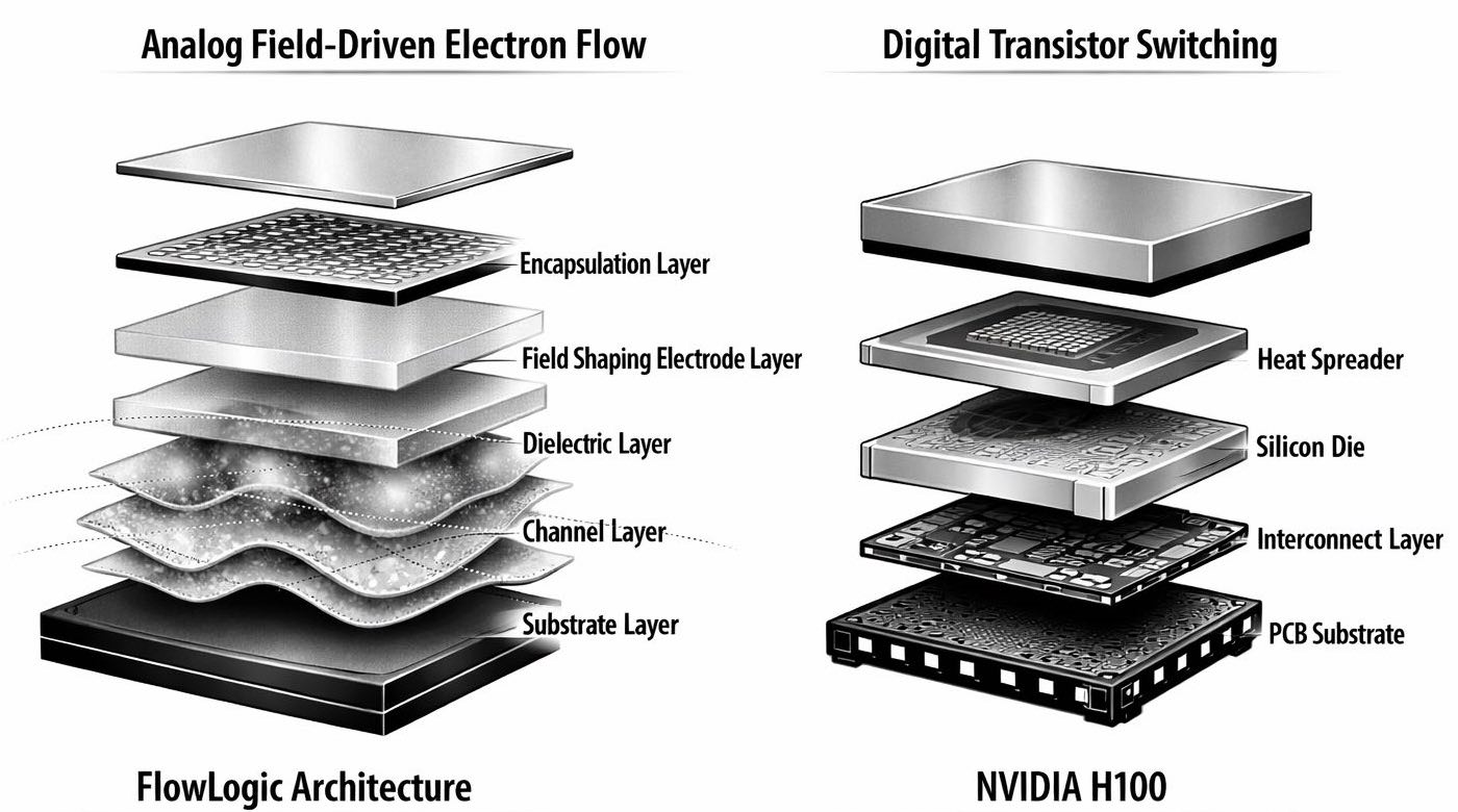 Comparison of FlowLogic’s layered physical stack with a conventional NVIDIA H100 digital processor